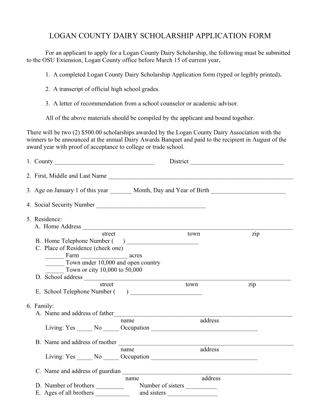 Logan County Dairy Scholarship Application Form