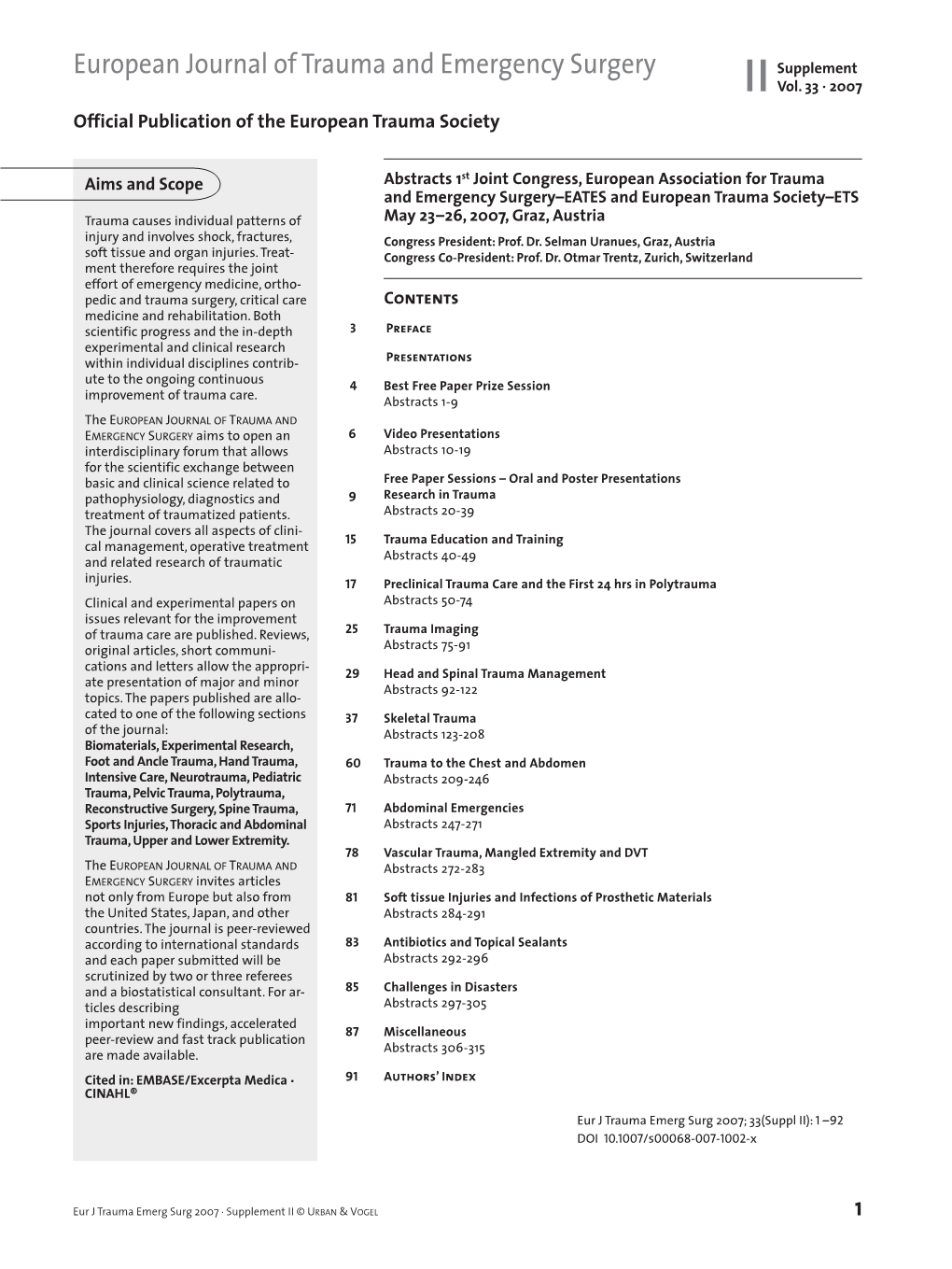 European Journal of Trauma and Emergency Surgery Supplement II Vol