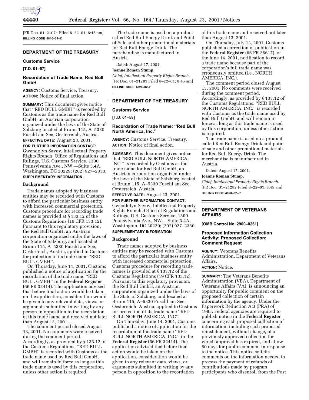 Federal Register/Vol. 66, No. 164/Thursday, August 23, 2001