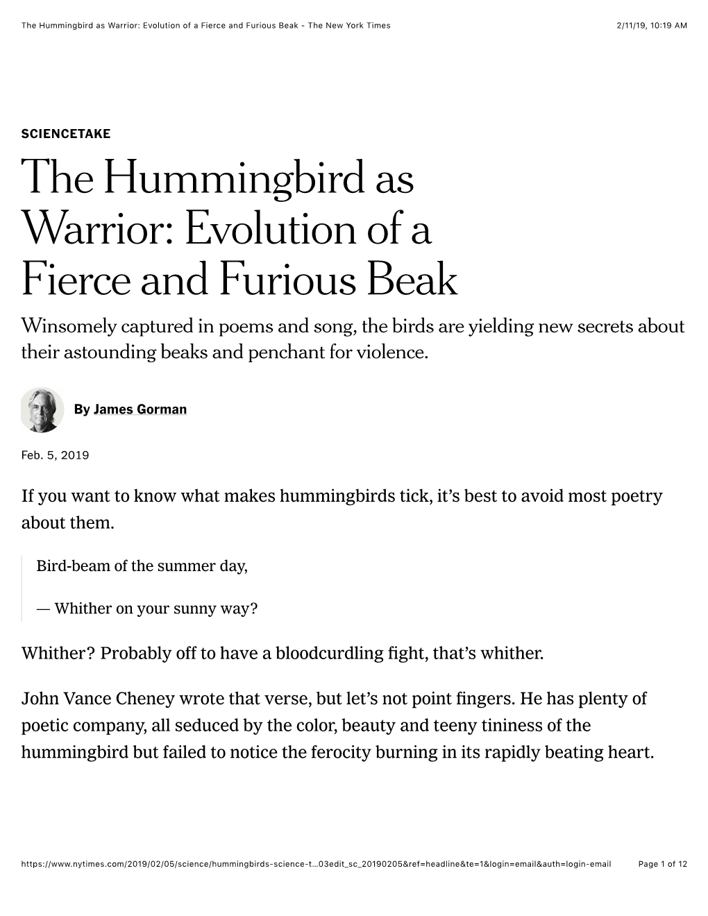 The Hummingbird As Warrior: Evolution of a Fierce and Furious Beak - the New York Times 2/11/19, 10�19 AM