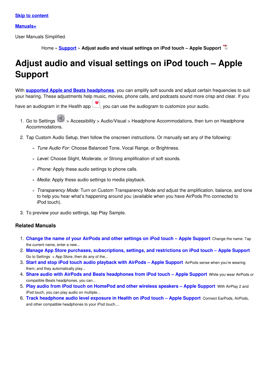 Adjust Audio and Visual Settings on Ipod Touch – Apple Support