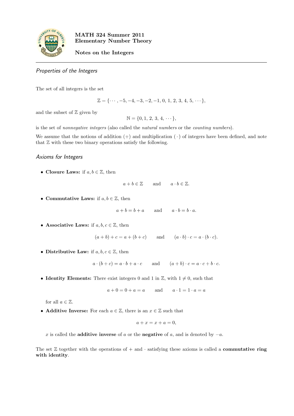 Notes on the Integers