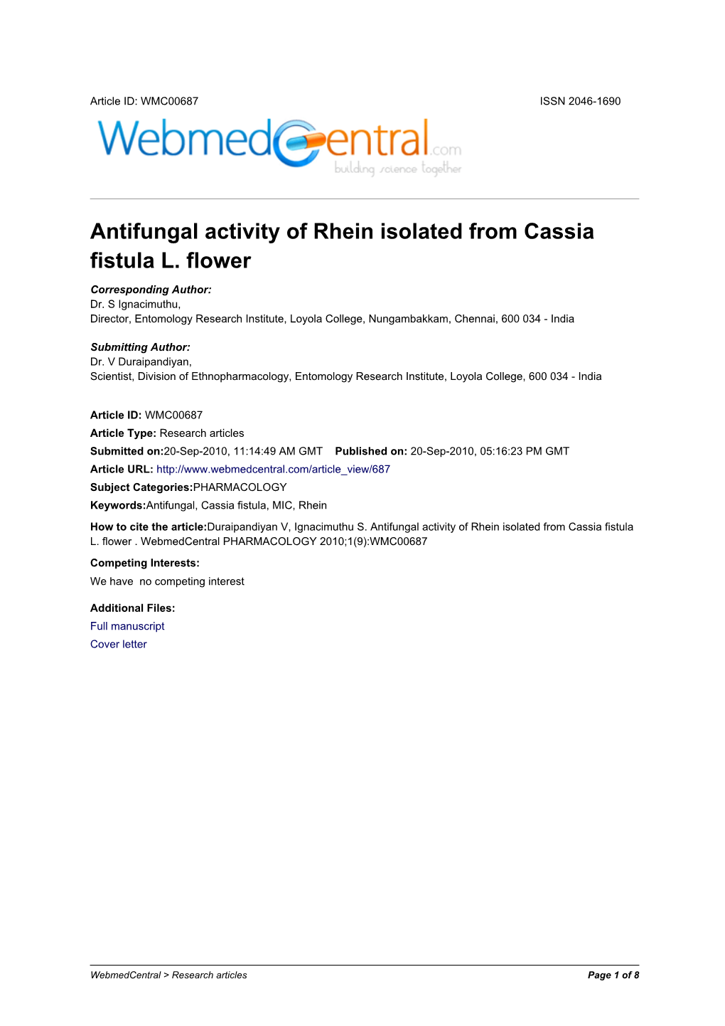 Antifungal Activity of Rhein Isolated from Cassia Fistula L. Flower