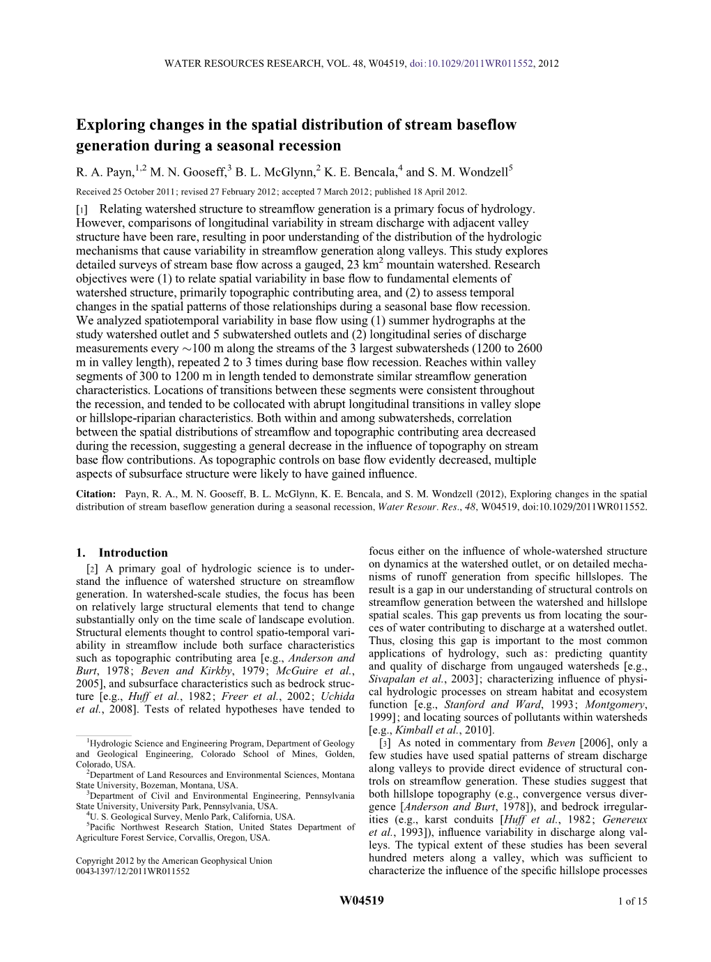 Exploring Changes in the Spatial Distribution of Stream Baseflow Generation During a Seasonal Recession R