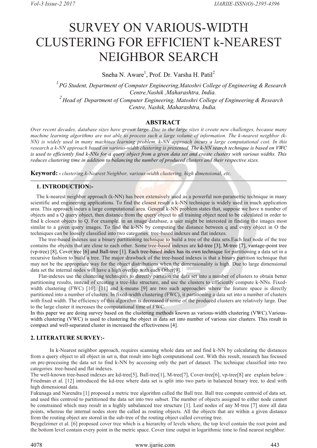 SURVEY on VARIOUS-WIDTH CLUSTERING for EFFICIENT K-NEAREST NEIGHBOR SEARCH