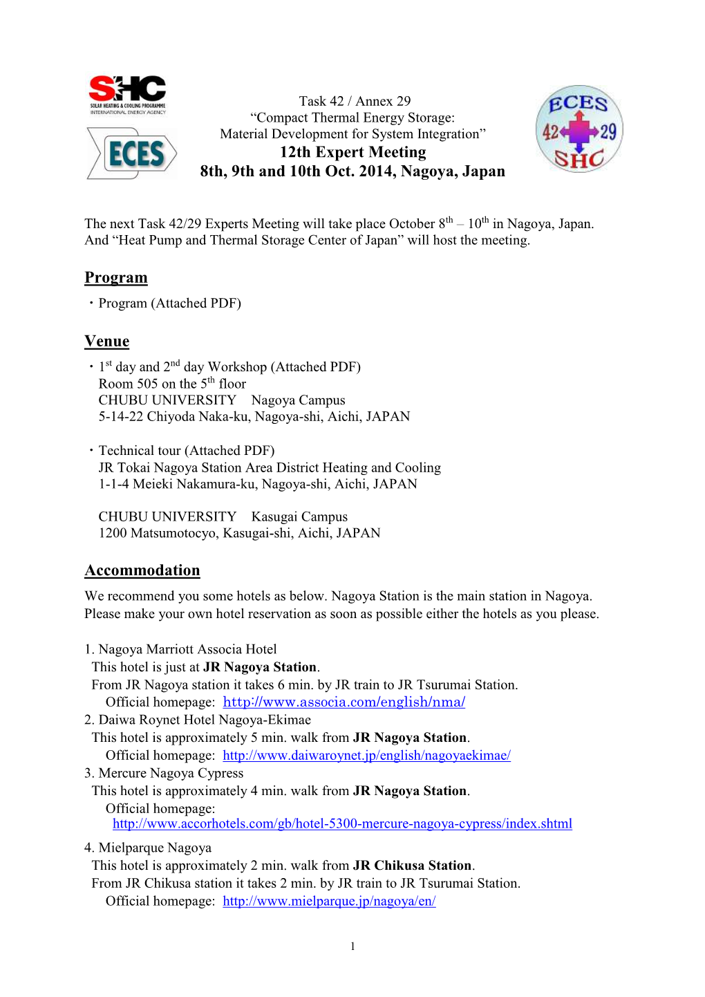 12Th Expert Meeting 8Th, 9Th and 10Th Oct. 2014, Nagoya, Japan Program