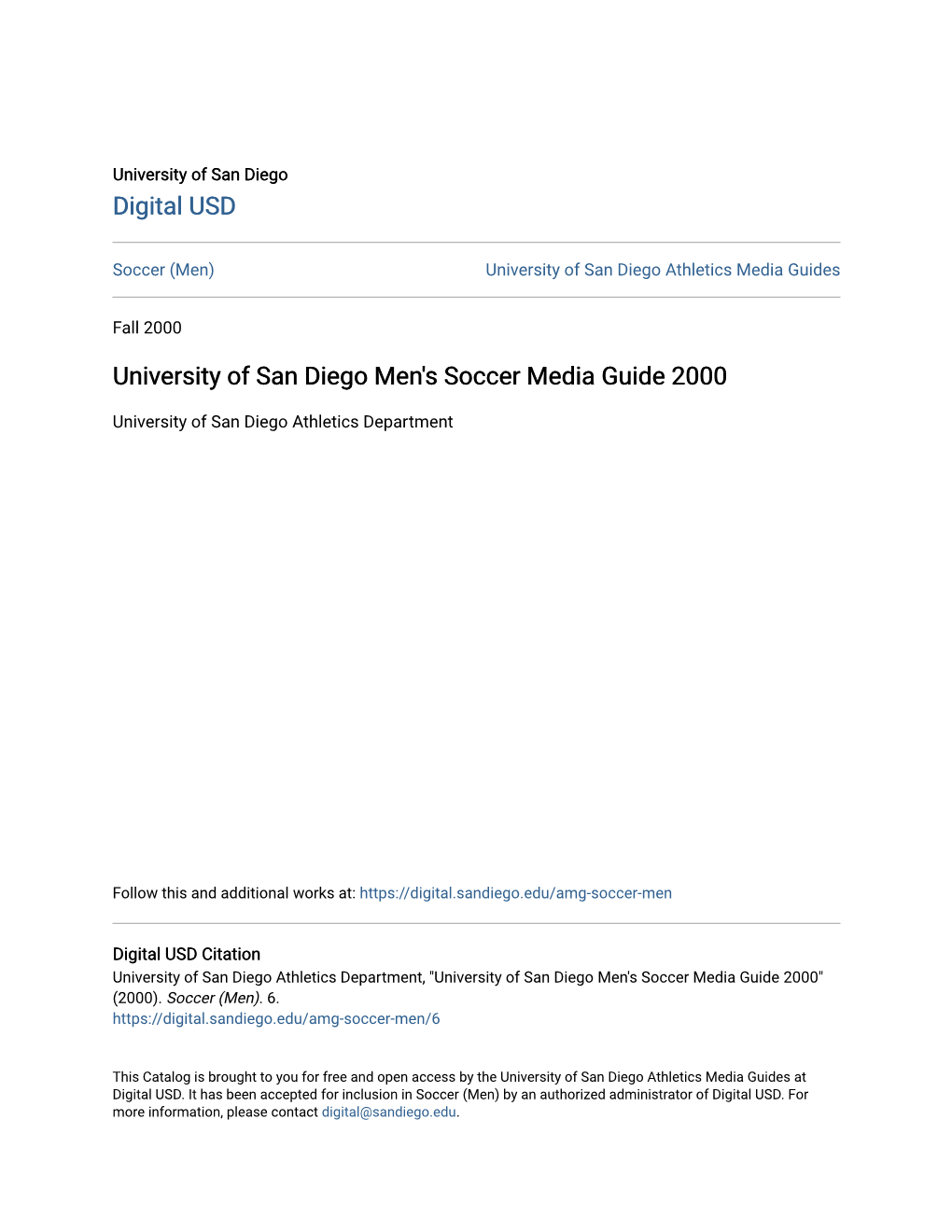 University of San Diego Men's Soccer Media Guide 2000