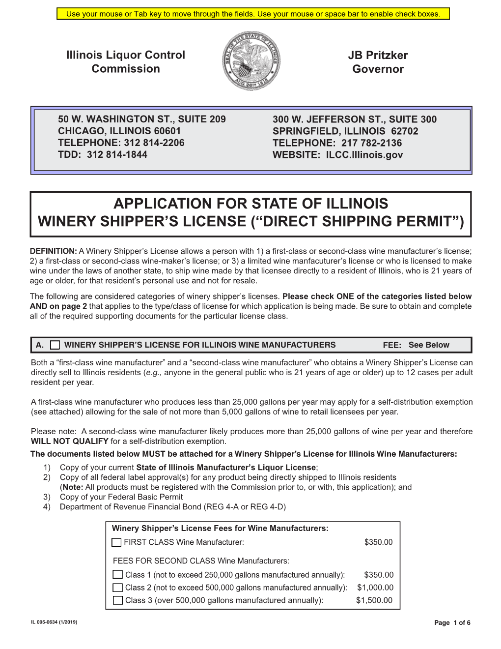 Winery Shipper's License Application