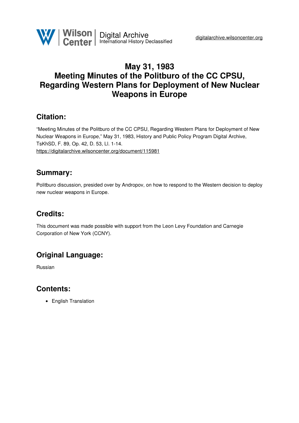 May 31, 1983 Meeting Minutes of the Politburo of the CC CPSU, Regarding Western Plans for Deployment of New Nuclear Weapons in Europe