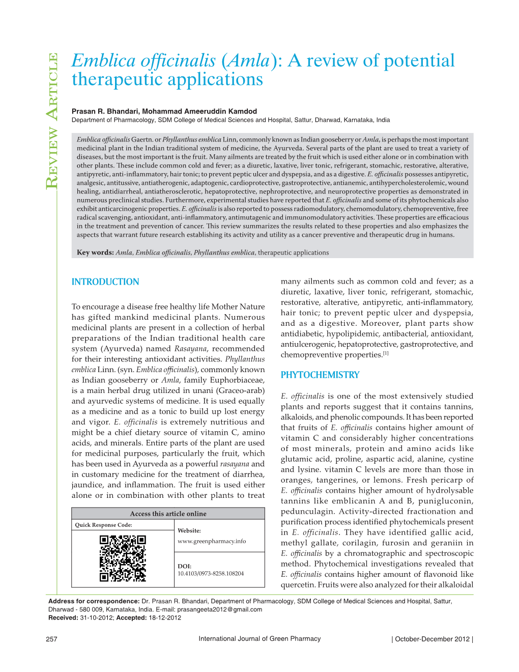 Emblica Officinalis (Amla): a Review of Potential Therapeutic Applications R Ticle Prasan R