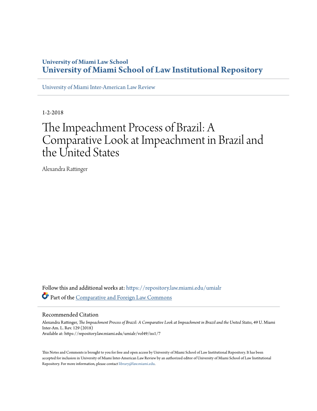 The Impeachment Process of Brazil: a Comparative Look at Impeachment in Brazil and the United States, 49 U