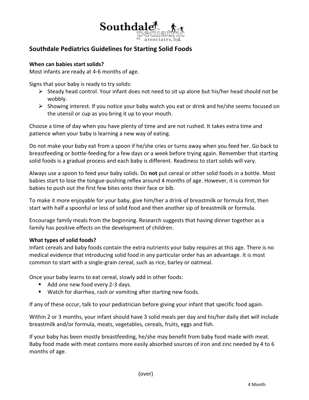 Southdale Pediatrics Guidelines for Starting Solid Foods