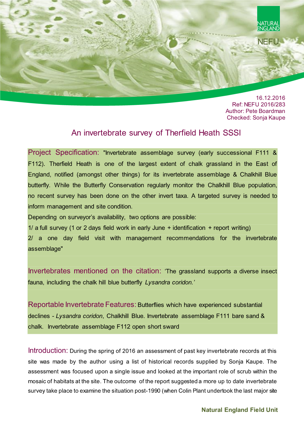 NEFU an Invertebrate Survey of Therfield Heath SSSI