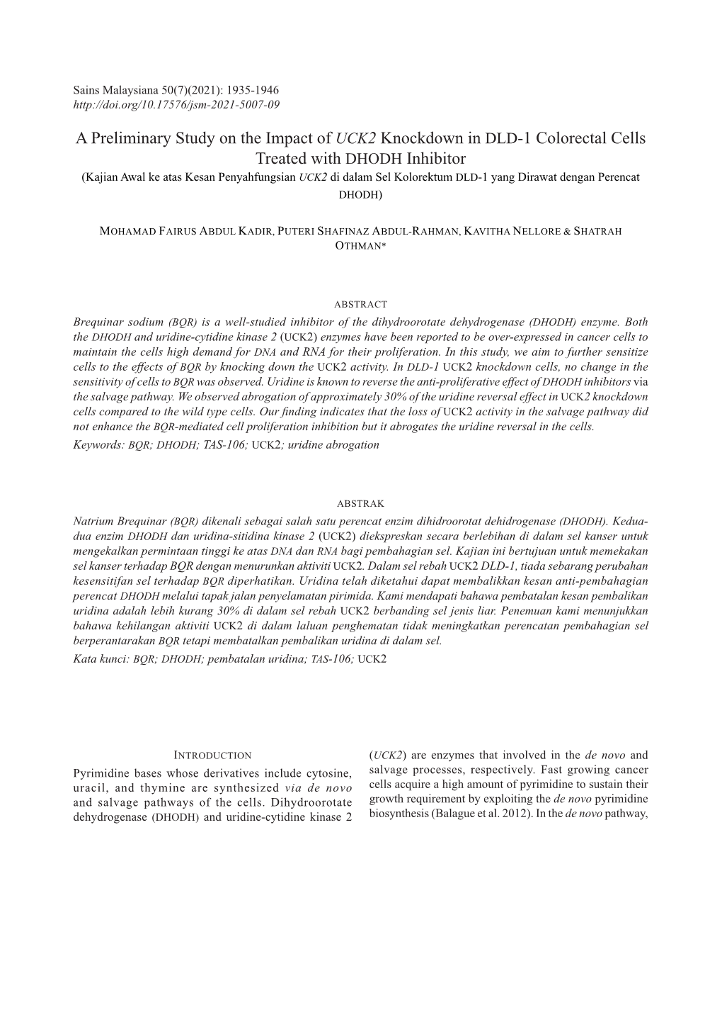 A Preliminary Study on the Impact of UCK2 Knockdown in DLD-1