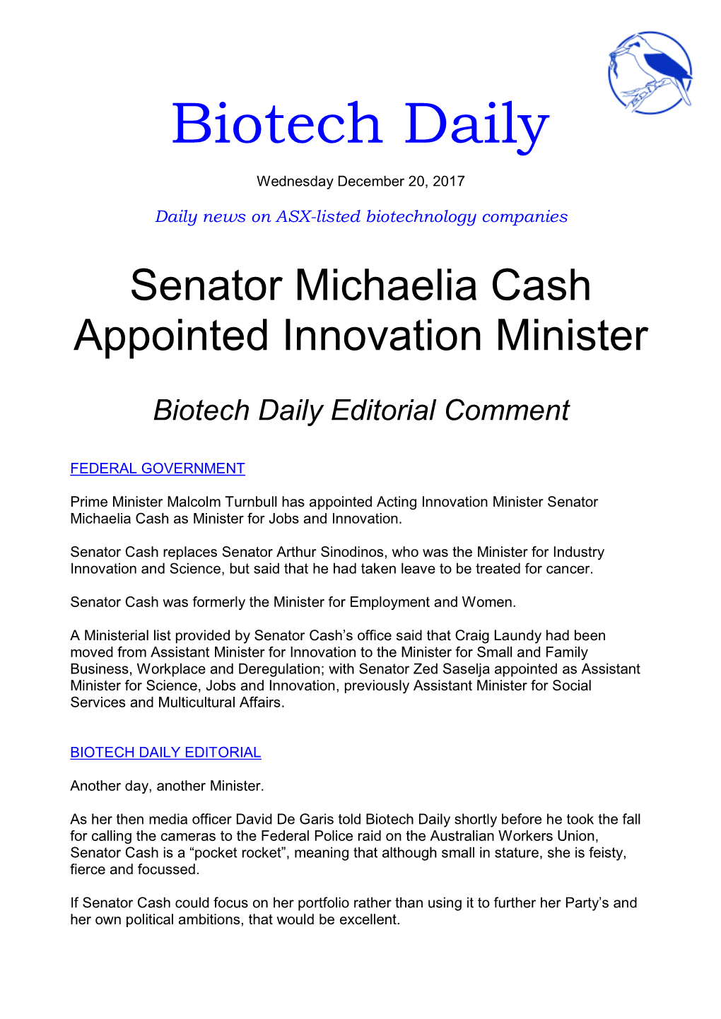 Senator Michaelia Cash Appointed Innovation Minister