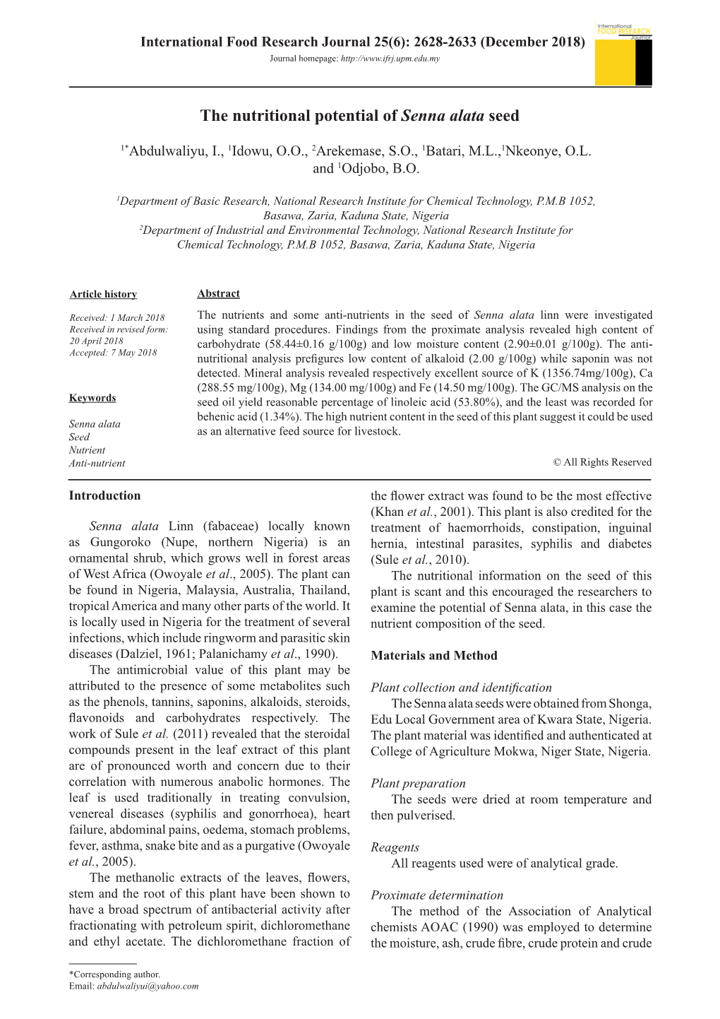 The Nutritional Potential of Senna Alata Seed