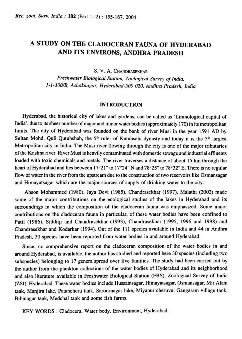 A Study on the Cladoceran Fauna of Hyderabad and Its Environs, Andhra Pradesh