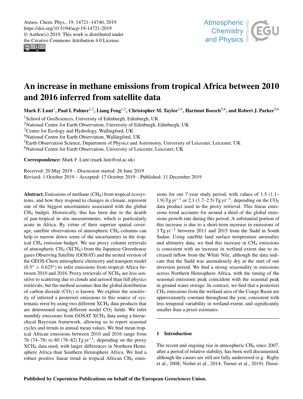 An Increase in Methane Emissions from Tropical Africa Between 2010 and 2016 Inferred from Satellite Data