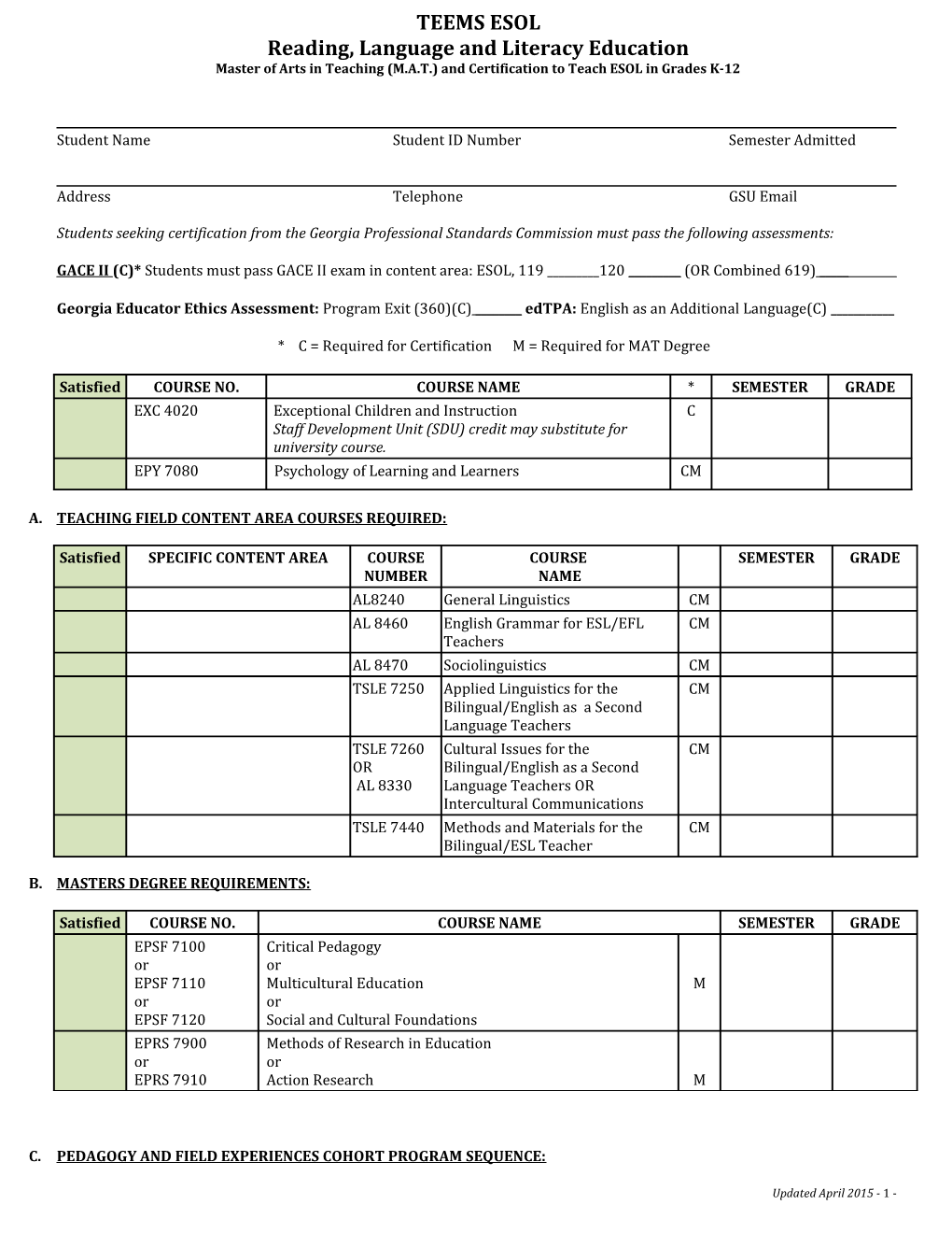 Course Requirements for the M