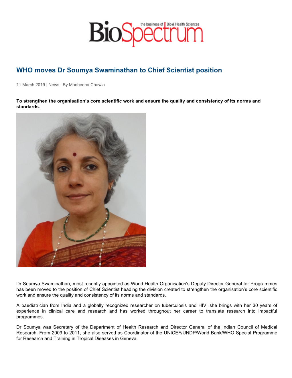 WHO Moves Dr Soumya Swaminathan to Chief Scientist Position