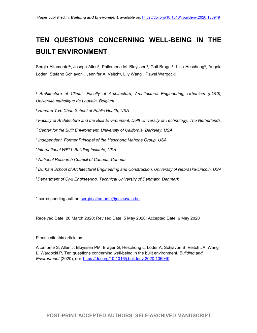 Ten Questions Concerning Well-Being in the Built Environment