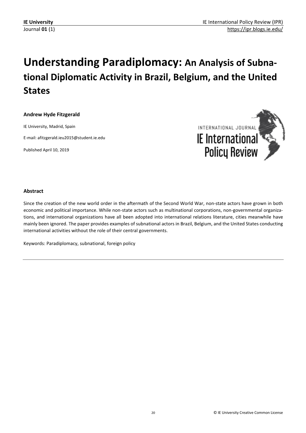 Understanding Paradiplomacy an Analysis of Subnational Diplomatic Activity in Brazil, Belgium, and the United States