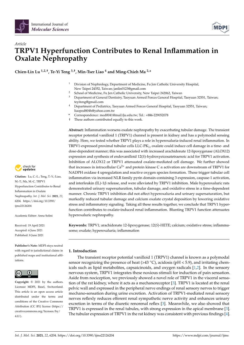 TRPV1 Hyperfunction Contributes to Renal Inflammation in Oxalate