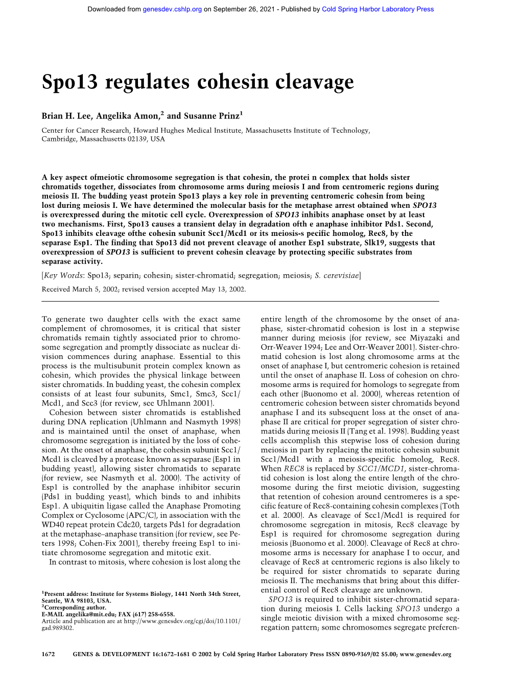 Spo13 Regulates Cohesin Cleavage