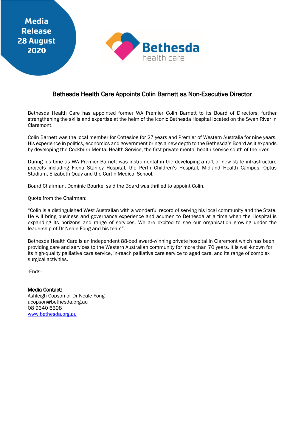 Bethesda Health Care Appoints Colin Barnett As Non-Executive Director