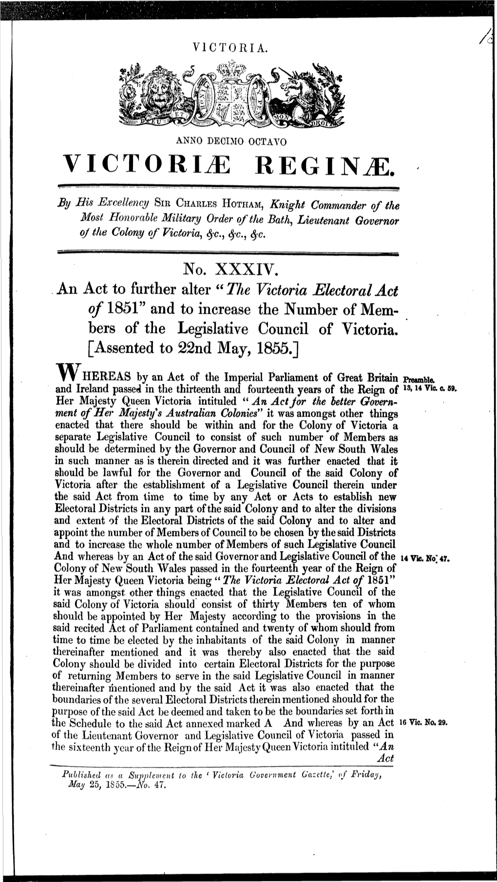 Electoral Act of 1851" and to Increase the Number of Mem­ Bers of the Legislative Council of Victoria