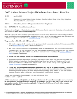 2020 Animal Science Project ID Information – June 1 Deadline