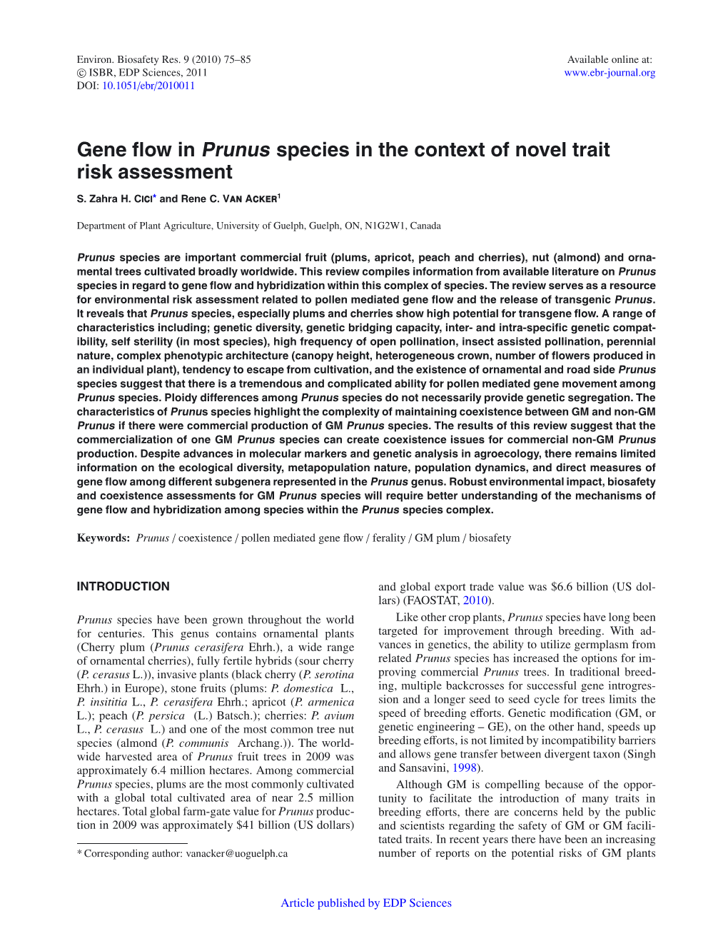 Gene Flow in Prunus Species in the Context of Novel Trait Risk Assessment