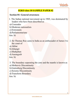 IGKO Class 10 SAMPLE PAPER 02 Section 01: General Awareness 1