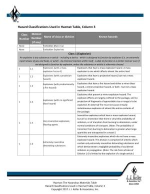 Hazard Classifications Used in Hazmat Table, Column 3