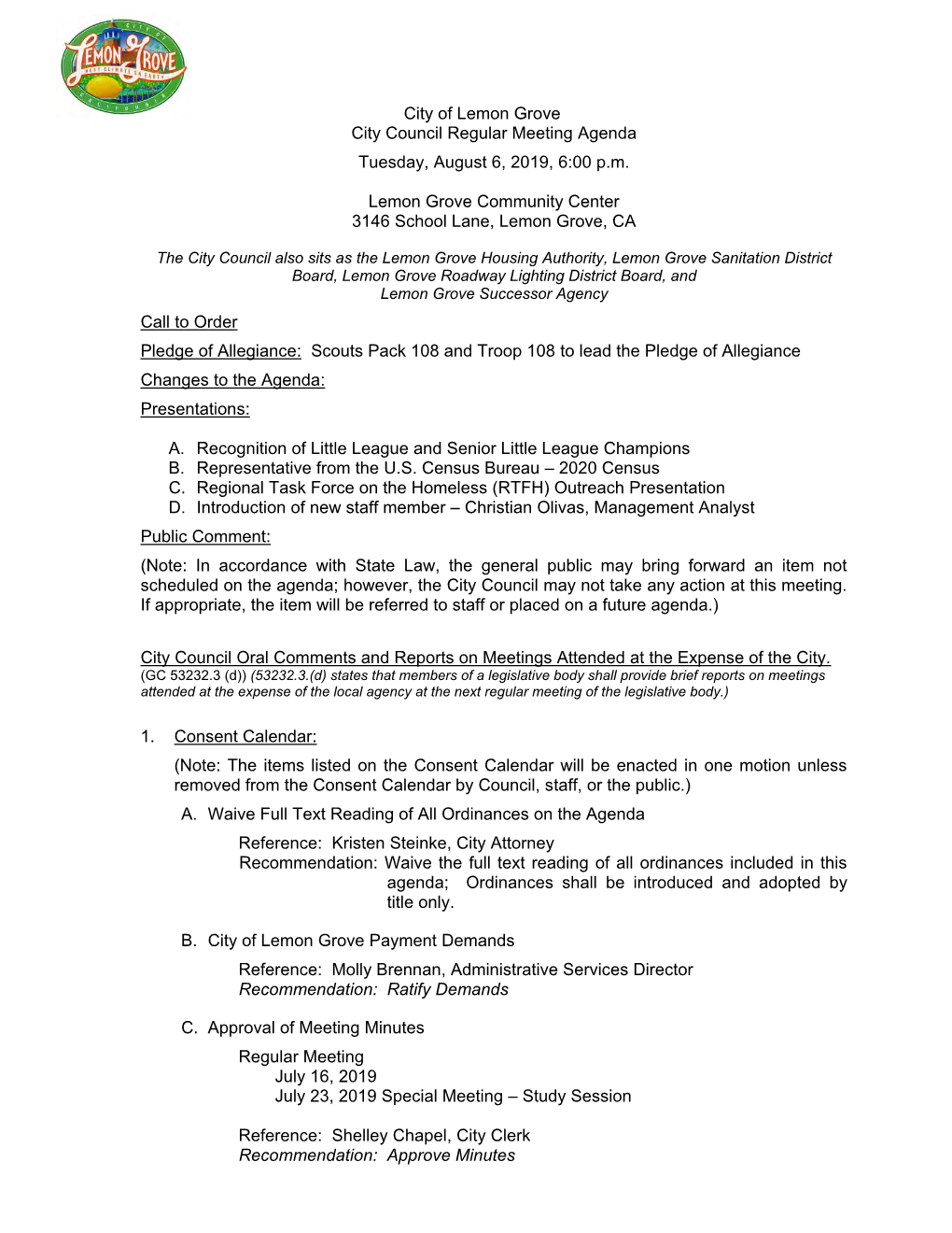 City of Lemon Grove City Council Regular Meeting Agenda Tuesday, August 6, 2019, 6:00 P.M