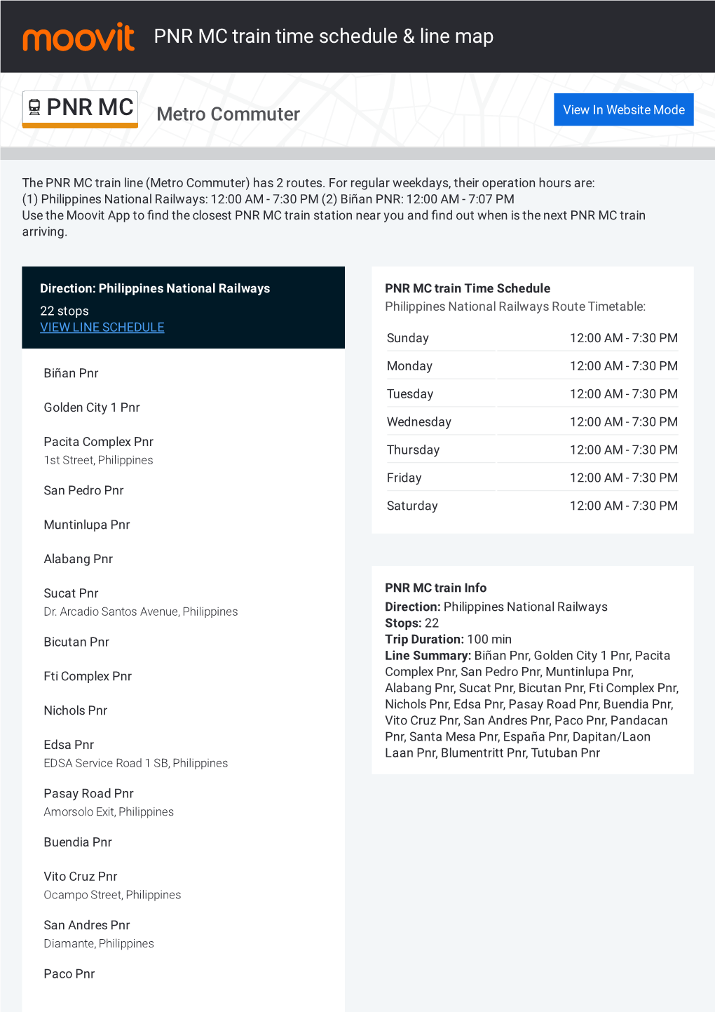 PNR MC Train Time Schedule & Line Route