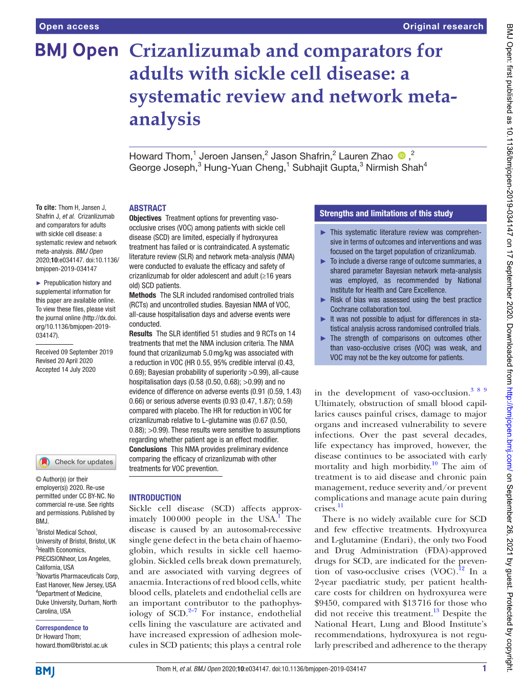 Crizanlizumab and Comparators for Adults with Sickle Cell Disease: a Systematic Review and Network Meta-­ Analysis