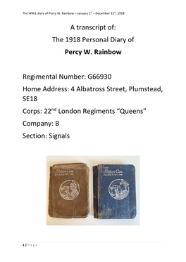 The Personal Diary of Percy W Rainbow 1918