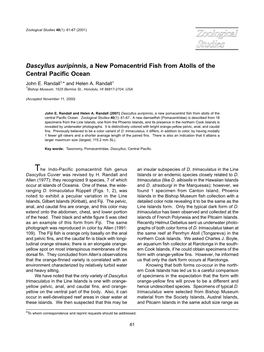 Dascyllus Auripinnis, a New Pomacentrid Fish from Atolls of the Central Pacific Ocean John E