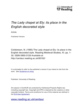 The Lady Chapel at Ely: Its Place in the English Decorated Style