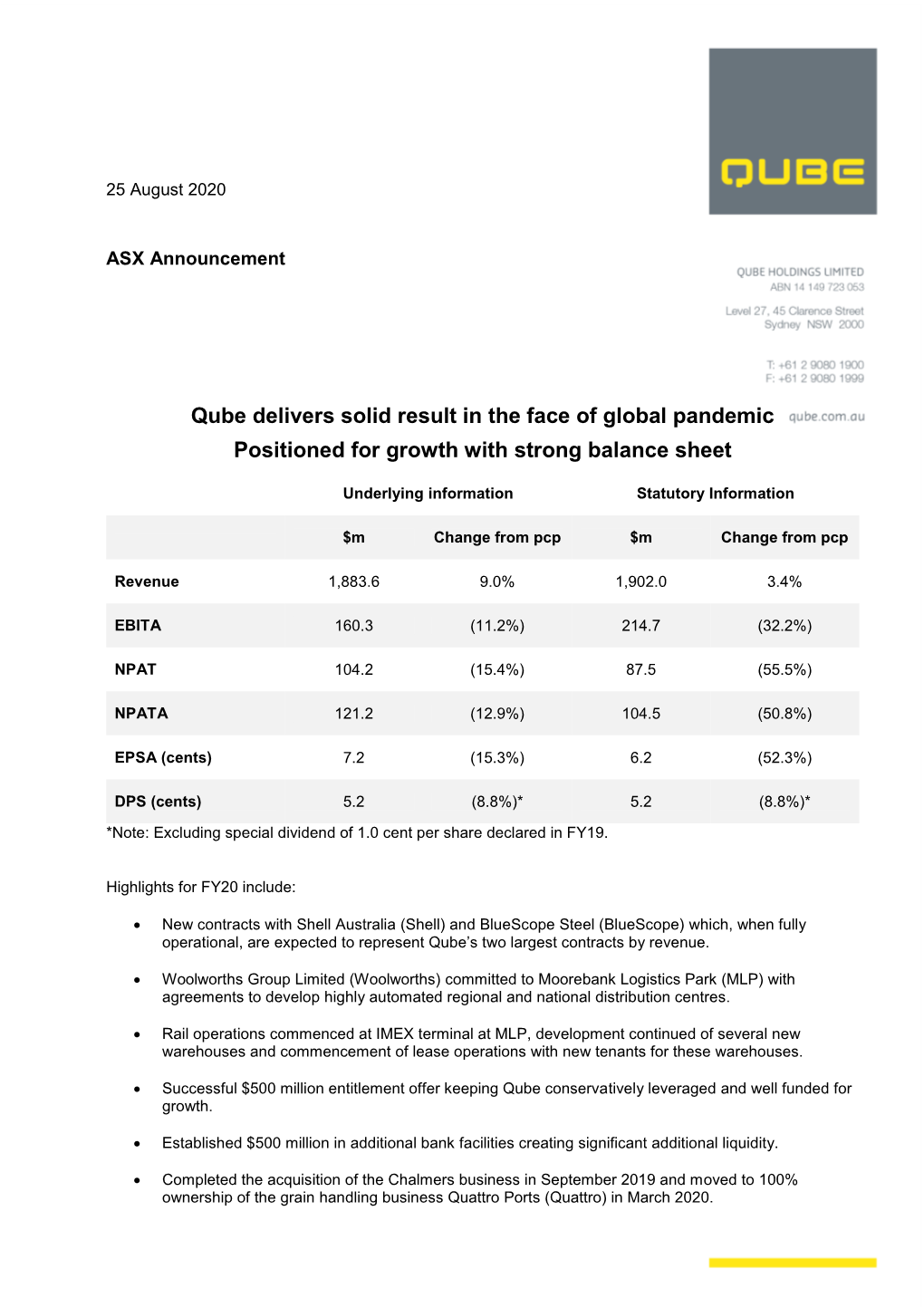 Qube Delivers Solid Result in the Face of Global Pandemic Positioned for Growth with Strong Balance Sheet