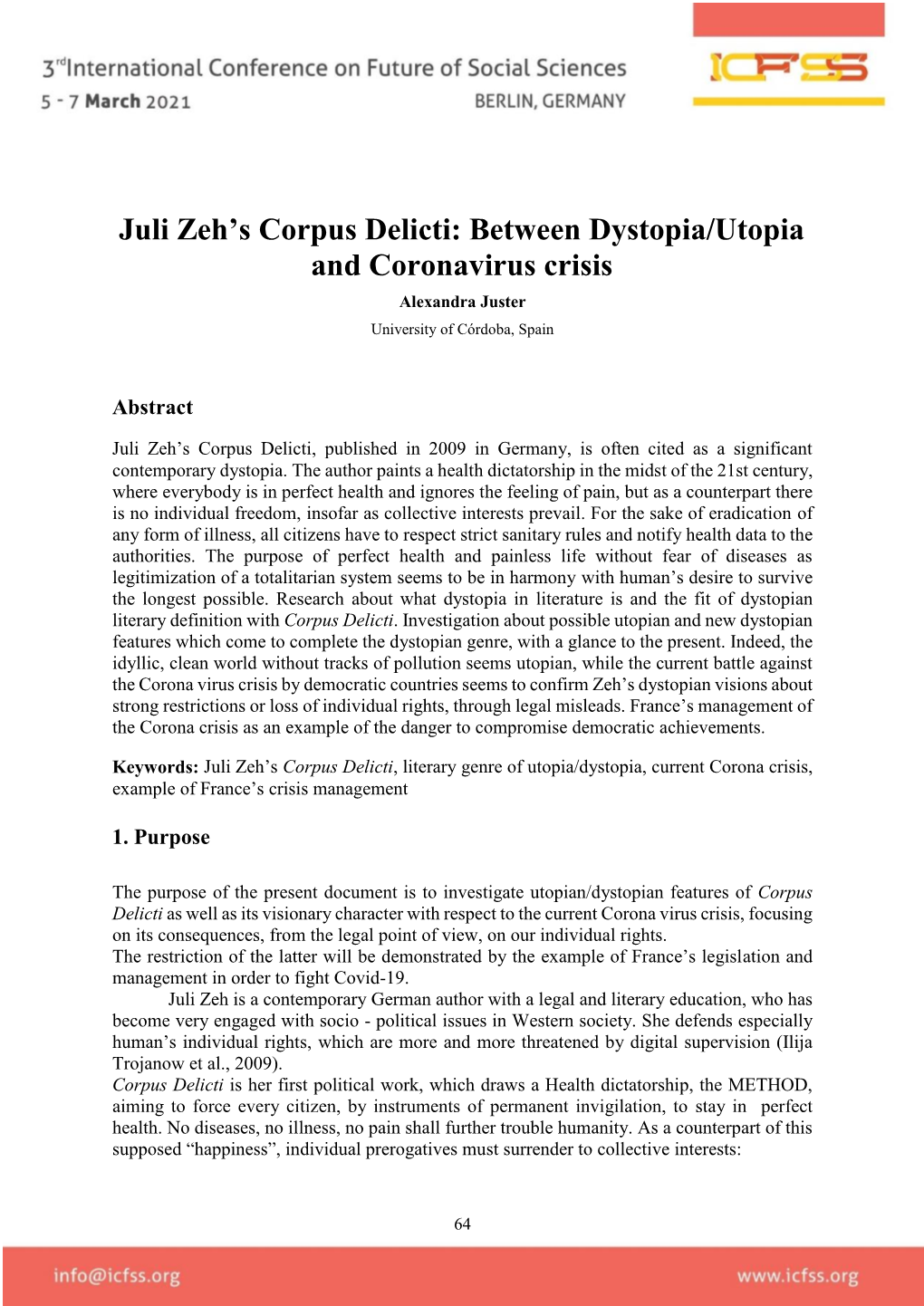 Juli Zeh's Corpus Delicti: Between Dystopia/Utopia and Coronavirus