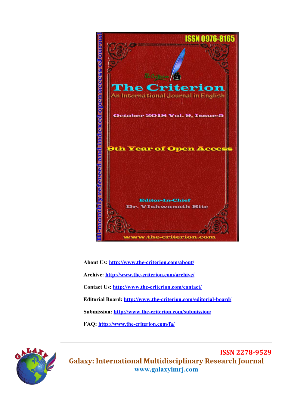 Galaxy: International Multidisciplinary Research Journal the Criterion: an International Journal in English Vol