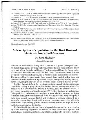 A Description of Copulation in the Kori Bustard J Ardeotis Kori