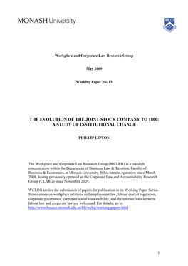 The Evolution of the Joint Stock Company to 1800: a Study of Institutional Change