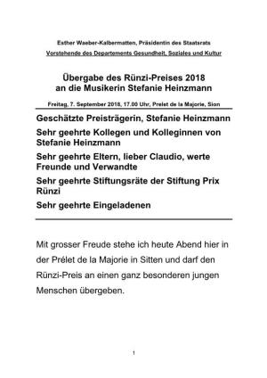 Übergabe Des Rünzi-Preises 2018 an Die Musikerin Stefanie Heinzmann Geschätzte Preisträgerin, Stefanie Heinzmann Sehr Geehrt