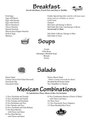 Breakfast Salads Soups Mexican Combinations