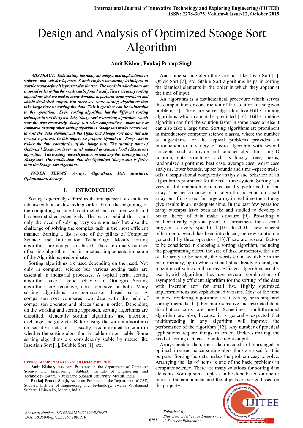 Design and Analysis of Optimized Stooge Sort Algorithm