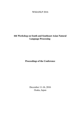 Proceedings of the 6Th Workshop on South and Southeast Asian Natural Language Processing