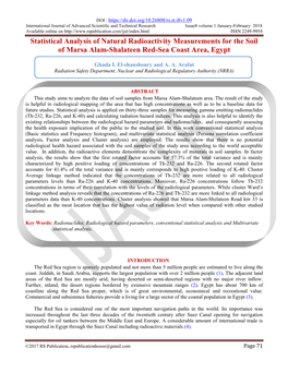 Statistical Analysis of Natural Radioactivity Measurements for the Soil of Marsa Alam-Shalateen Red-Sea Coast Area, Egypt